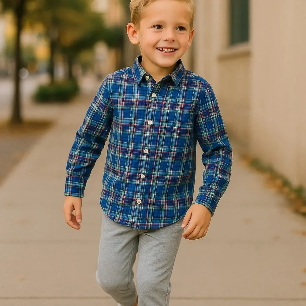 Ralph Lauren Boys Shirt Sz 3 3T Blue‎ Red Green Yellow White Plaid Long Sleeve